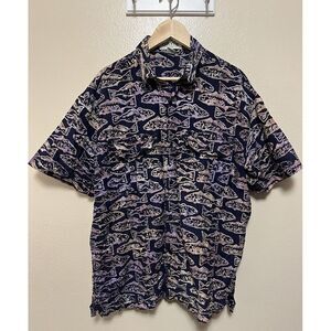 Orvis Batik Fish Print Button Up Shirt Cotton Blue Purple Casual Hawaiian Men XL